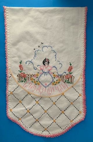 Vintage Embroidered Dresser Scarf Table Runner Lady Flowers