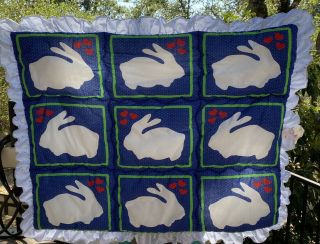 Vintage Baby Crib Ruffle Blanket With Little Bunnies Hearts 38 X 45“ Polyester