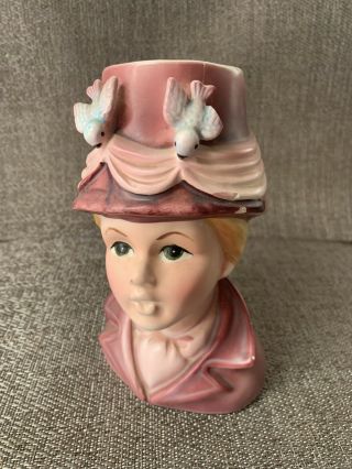 Rare Lefton 2149 Vintage Head Vase - 6 1/4 " Tall - Blond Lady Bluebirds On Hat