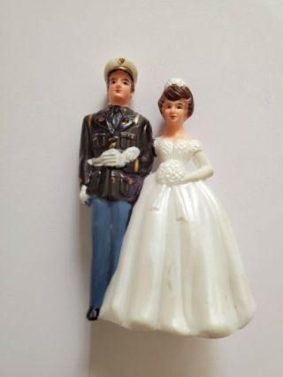vintage WEDDING CAKE TOPPER bride & groom,  military man,  1950s retro bridal 2