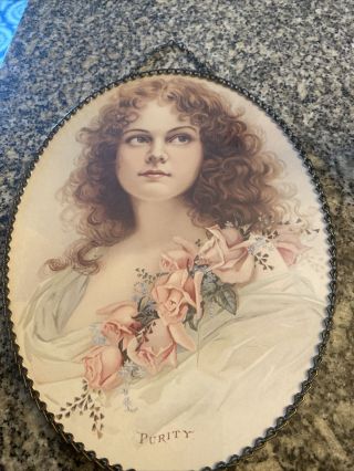 Vintage Oval Framed Purity Picture - Lady With Pink Roses 8”x11”.