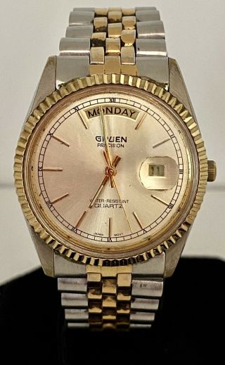 Vintage Gruen Precision Men ' s Watch Day Date Quartz Gold/Silver Tone. 2
