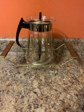 Vintage Pyrex Corning Coffee Tea Pot Carafe Clear W/ Gold Band W/cradle