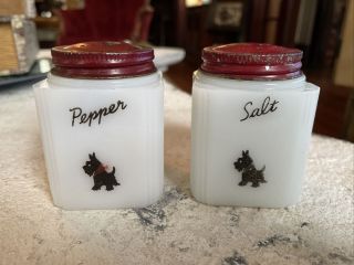 Vintage Tipp Mckee City Scottie Dog Salt & Pepper Shakers Scotty Dog Milk Glass