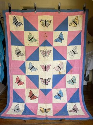 Vintage Cotton Hand Stitched Quilt Butterfly Applique Blue & Pink 1930 