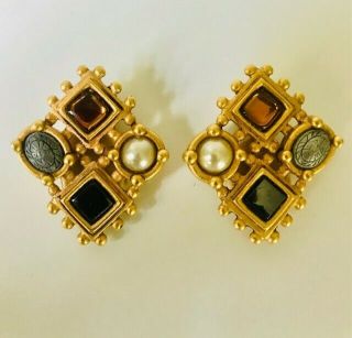 Vintage Large Modernist Filigree Gold Tone & Crystal & Faux Pearl Clip Earrings
