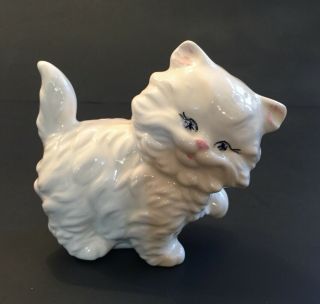 Vintage Fluffy White Angora Kitty Cat Ceramic Figurine Adorable Marked B Hall