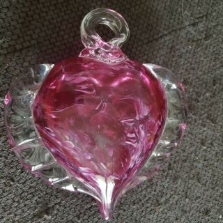Vintage Hand Blown Art Glass Heart Pink And White Swirl With Hanger Loop