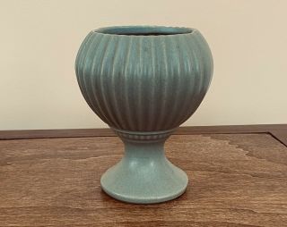 Vintage Mccoy Floraline 407 Matte Green Ribbed Pedestal Planter Vase Usa