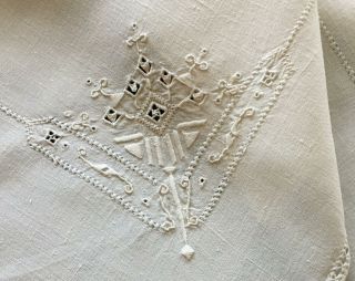 Vtg Antique Linen Tablecloth Italian Whitework Embroidery & Needle Lace,  3 Naps