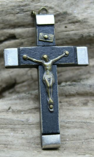 Vintage Cross Crucifix " Italy " With Wood Pendant Charm (r3h2)