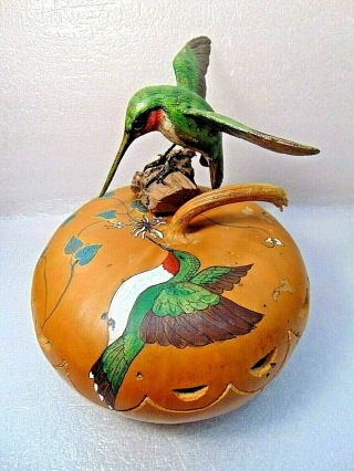 Vintage Handmade Carved Wood Humming Bird,  Hand Painted Gord Signed Folk Art