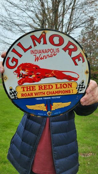 Vintage Old Dated 1952 Gilmore " The Red Lion Gasoline " Porcelain Enamel Gas Sign