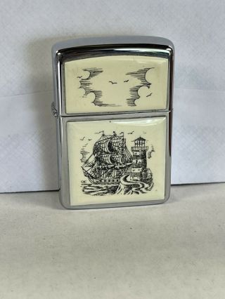 Zippo Lighter 1987 Scrimshaw Boat/lighthouse Matching Insert Vintage