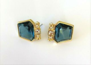 Vintage Nolan Miller Gold - Tone Blue Glass Stud Earrings With Clear Rhinestones