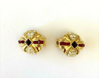 Vintage Nolan Miller Gold - Tone Red And Clear Rhinestone Clip - On Earrings