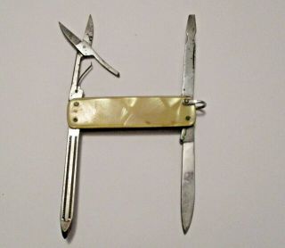 Vintage Italian Mother Of Pearl Folding Knife Scissors Blade Screwdriver File