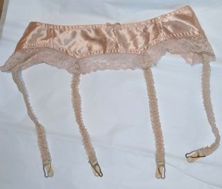 Vintage 4 Strap Pink White Garter Belt - Satin & Lace - 1 Size
