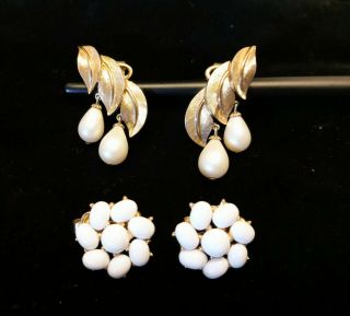 Trifari Vintage Clip - On Earrings 2 Pairs Gold Tone Leaf Faux Pearls Cluster