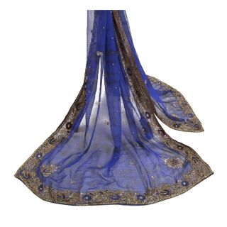 Sanskriti Vintage Dupatta Long Stole Pure Chiffon Silk Blue Handmade Tie - Dye