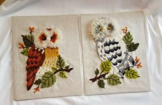 2 Vintage Yarn Crewel Owl Art Pictures 8×10 Finished