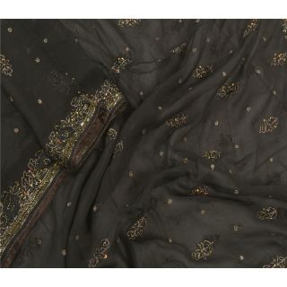 Sanskriti Vintage Dupatta Long Stole Pure Chiffon Silk Black Hand Beaded Hijab 2