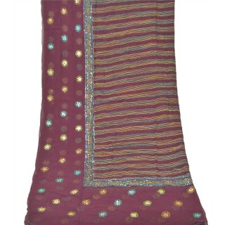 Sanskriti Vintage Dupatta Long Stole Pure Georgette Silk Purple Hand Beaded Veil 2