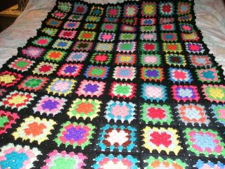 Vintage Granny Square Afghan Blanket Throw Black Wool Hand Crocheted 57 X 60