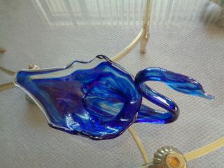 Vintage Sooner Glass Hand Blown Cobalt Blue And Clear Swan Bowl Dish