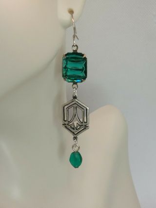 Antique Art Deco Emerald Green Glass Vintage Silver Brass Czech Beads Earrings