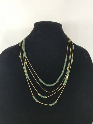 Vintage Multi Strand Stone Bead Necklace Jade Green Color Stone Gold Tone Chain