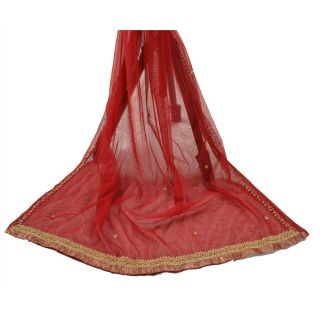 Sanskriti Vintage Dupatta Long Stole Net Mesh Red Veil Hand Beaded Scarves Shawl