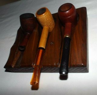 Three Vintage Tobacco Pipes And Wood Pipe Holder Read