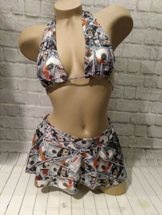Money Print Stripper,  Exotic Dancer Clubwear Halter Skirt Set