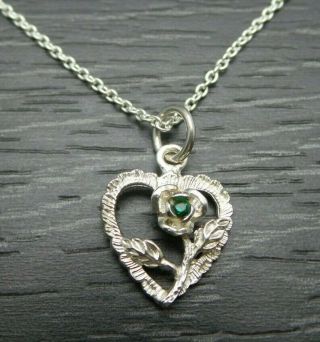 Vintage Sterling Silver Green Rose Flower Heart Pendant Rolo Necklace 20 Inches