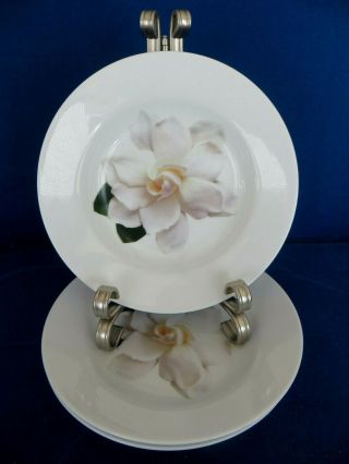 Vtg Isaac Mizrahi Set Of 3 White Floral Wide Rimmed Soup / Pasta Bowls Plates