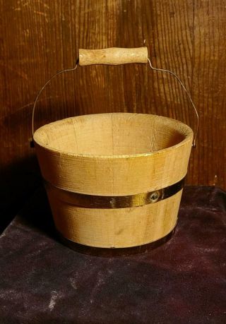Rare Miniature Vintage Coopered Wooden Bucket With Wire Bale And Wood Handle