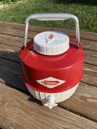 Vintage Coleman Red White Water Drink Cooler Jug With Spout Cup Handle