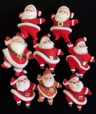 8 Vintage Japan 70’s Plastic Christmas Ornaments Flocked Dancing Santa Claus