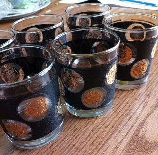 Vintage Set Of 6 Libbey Black And Gold Coin Low Ball Juice Tumblers 3 1/2 " T