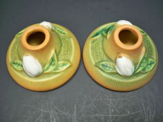 Vintage Pair Roseville Pottery Gardenia Brown & Green Candlestick Holders 651