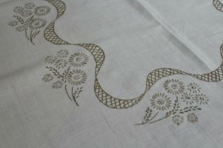 Vintage Off White Linen Tablecloth Hand Embroidered Flowers 72x88