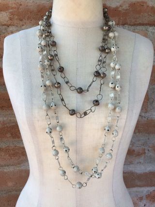 2 Vintage Mexican Wedding Necklaces 50”& 70” Silver & White Chain Balls Filigree
