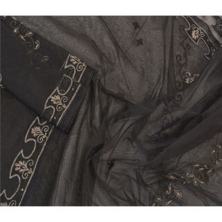 Sanskriti Vintage Dupatta Long Stole Net Mesh Black Hand Beaded Zari Wrap Veil 2