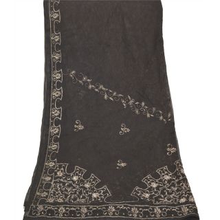 Sanskriti Vintage Dupatta Long Stole Net Mesh Black Hand Beaded Zari Wrap Veil 3