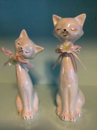 Set Of Two Long Neck Cats Vintage Ceramic With Lusterware Finish White
