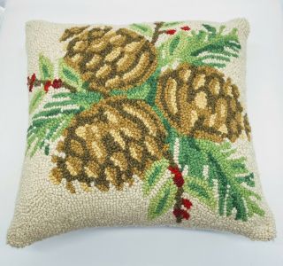 Needlepoint Vintage Holiday Pillow Pine Cones,  Holly And Green Leaves