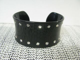 Vintage Art Deco Black Bakelite Cuff Bracelet With Clear Rhinestones
