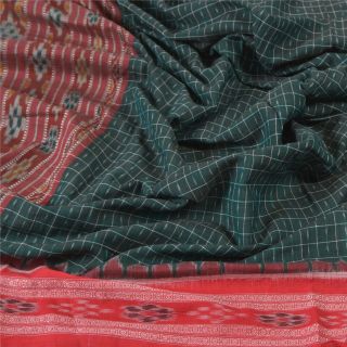 Sanskriti Vintage Dupatta Long Stole Pure Cotton Green Woven Samalpuri Ikat Veil