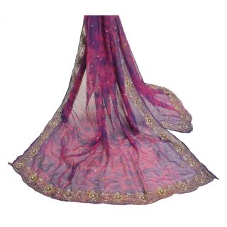 Sanskriti Vintage Dupatta Long Stole Pure Chiffon Silk Hand Beaded Tie - Dye Veil 2